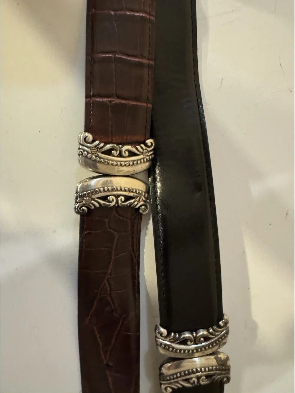 Vintage Brown Croc Embossed Leather Look Belt Silver Engraved Oval Buckle Women’